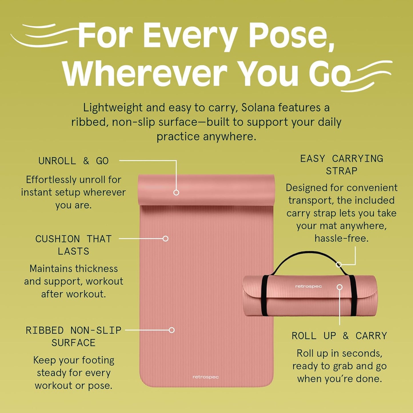 Solana Yoga Mat Thick 1/2In Non-Slip Workout Mat with Nylon Strap - 72X24In Exercise Mat for Pilates, Stretching & Fitness - BPA Free, Easy Clean