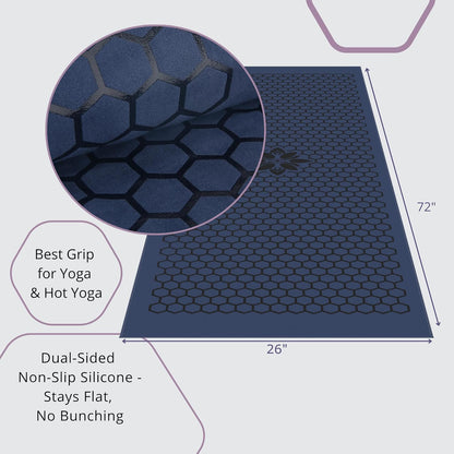 Hot Yoga Mat Towel – Non-Slip Grip for Hot Yoga, Sweat Absorbent, Honeycomb Silicone Grip, Stays Flat – Ideal for Pilates, Travel, Washable & Lightweight - Dark Blue