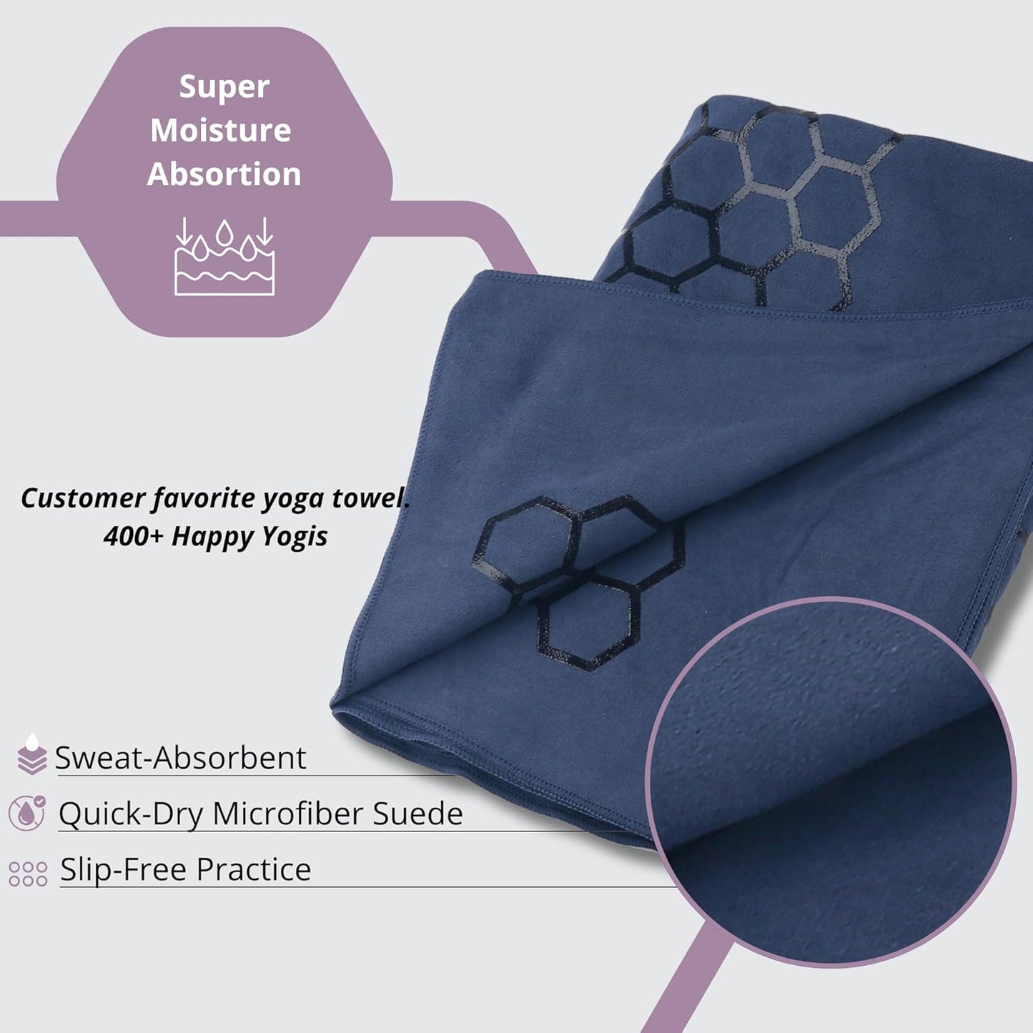 Hot Yoga Mat Towel – Non-Slip Grip for Hot Yoga, Sweat Absorbent, Honeycomb Silicone Grip, Stays Flat – Ideal for Pilates, Travel, Washable & Lightweight - Dark Blue
